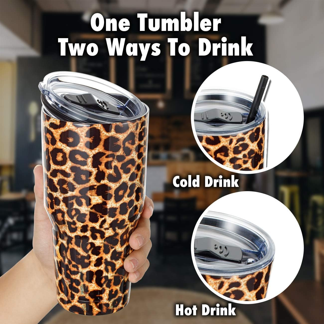 30Oz Bulk Stainless Steel Tumbler, Insulated Coffee Tumbler Cup Pack with Lid and Straw, Double Walled Travel Coffee Mug for Hot & Cold Drinks (Leopard, 4 Pack)