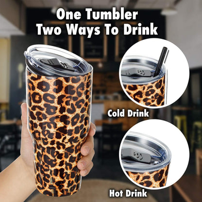 30Oz Bulk Stainless Steel Tumbler, Insulated Coffee Tumbler Cup Pack with Lid and Straw, Double Walled Travel Coffee Mug for Hot & Cold Drinks (Leopard, 4 Pack)