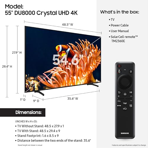 SAMSUNG 55-Inch Class 4K Crystal UHD DU8000 Series HDR Smart TV w/Object Tracking Sound Lite, Motion Xcelerator, Ultra Slim Design, Gaming Hub, Alexa Built-in (UN55DU8000, 2024 Model)