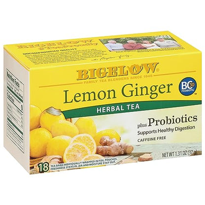 Bigelow Tea Lemon Ginger plus Probiotics Herbal Tea, Caffeine Free Tea with Lemon and Ginger, 18 Count Box (Pack of 6), 108 Total Tea Bags