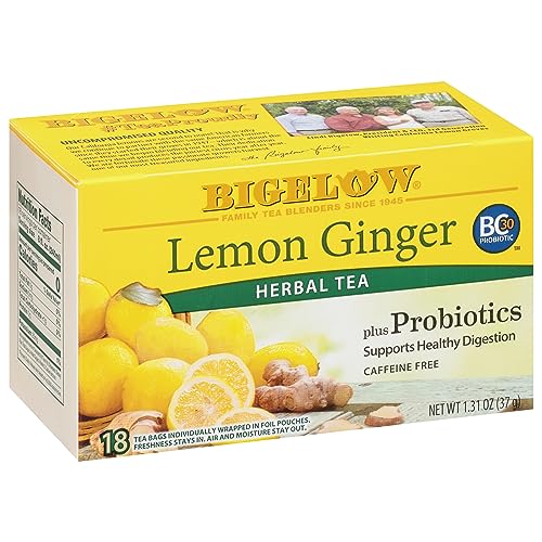 Bigelow Tea Lemon Ginger plus Probiotics Herbal Tea, Caffeine Free Tea with Lemon and Ginger, 18 Count Box (Pack of 6), 108 Total Tea Bags