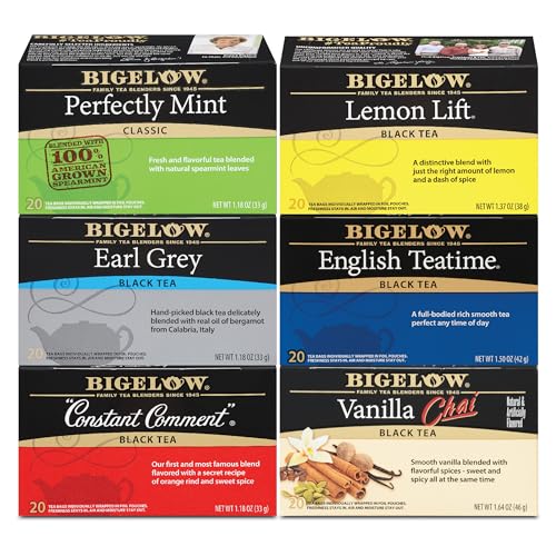 Bigelow Tea Black Tea 6 Flavor Variety Pack, Caffeinated Tea with Mint, Lemon, Constant Comment, English Teatime, Earl Grey, and Vanilla Chai, 20 Count Box (Pack of 6), 120 Total Tea Bags