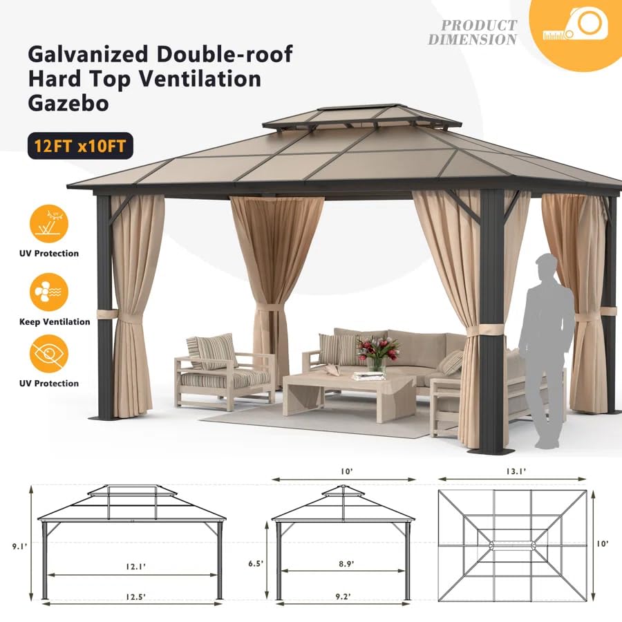 Jolydale 10'x12' Hardtop Gazebo, Double Roof Gazebo, Aluminum Frame Permanent Pavilion with Netting and Curtains, Outdoor Polycarbonate Gazebo, for Patios, Gardens, Lawns