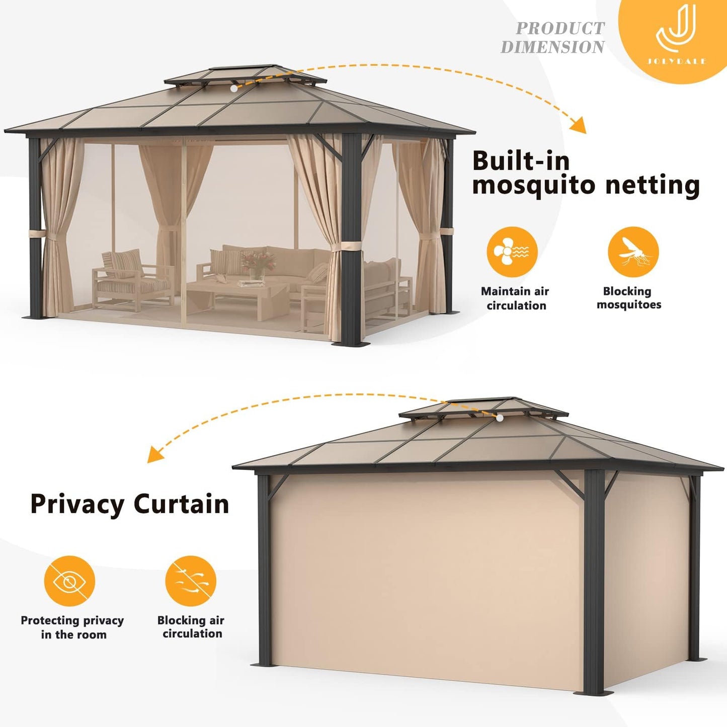 Jolydale 10'x12' Hardtop Gazebo, Double Roof Gazebo, Aluminum Frame Permanent Pavilion with Netting and Curtains, Outdoor Polycarbonate Gazebo, for Patios, Gardens, Lawns