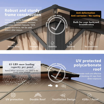 Jolydale 10'x12' Hardtop Gazebo, Double Roof Gazebo, Aluminum Frame Permanent Pavilion with Netting and Curtains, Outdoor Polycarbonate Gazebo, for Patios, Gardens, Lawns