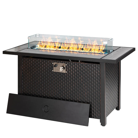 Walsunny Fire Pits 45 inch 50,000 BTU Outdoor Rectangular Propane Gas Fire Pit Table w/Glass Tabletop for Patio, Yard, Party, Glass Crystal Stone, Wind Guard, Waterproof Cover