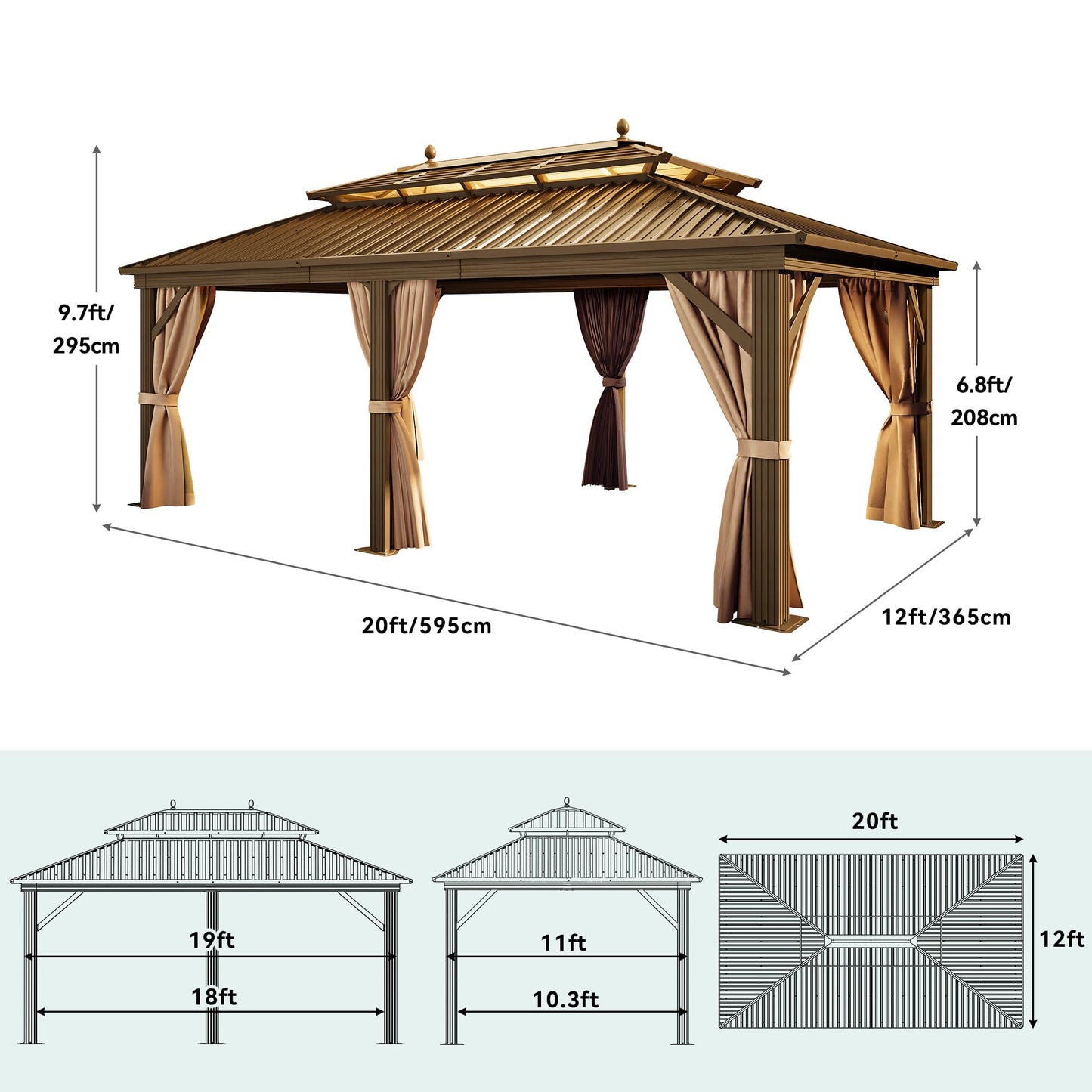 YITAHOME 12x20 ft Hardtop Gazebo with Nettings and Curtains, Outdoor Heavy Duty Aluminum Gazebo Combined of Horizontal and Vertical Stripes Roof for Patio, Backyard, Deck, Lawns and Balcony (Bronze)