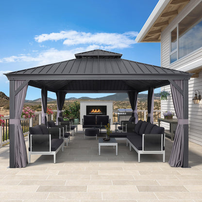 PURPLE LEAF 12' X 24' Large Gazebo with Galvanized Steel Double Roof Outdoor Patio Gazebo for Lawn and Garden Permanent Hardtop Gazebo Grey