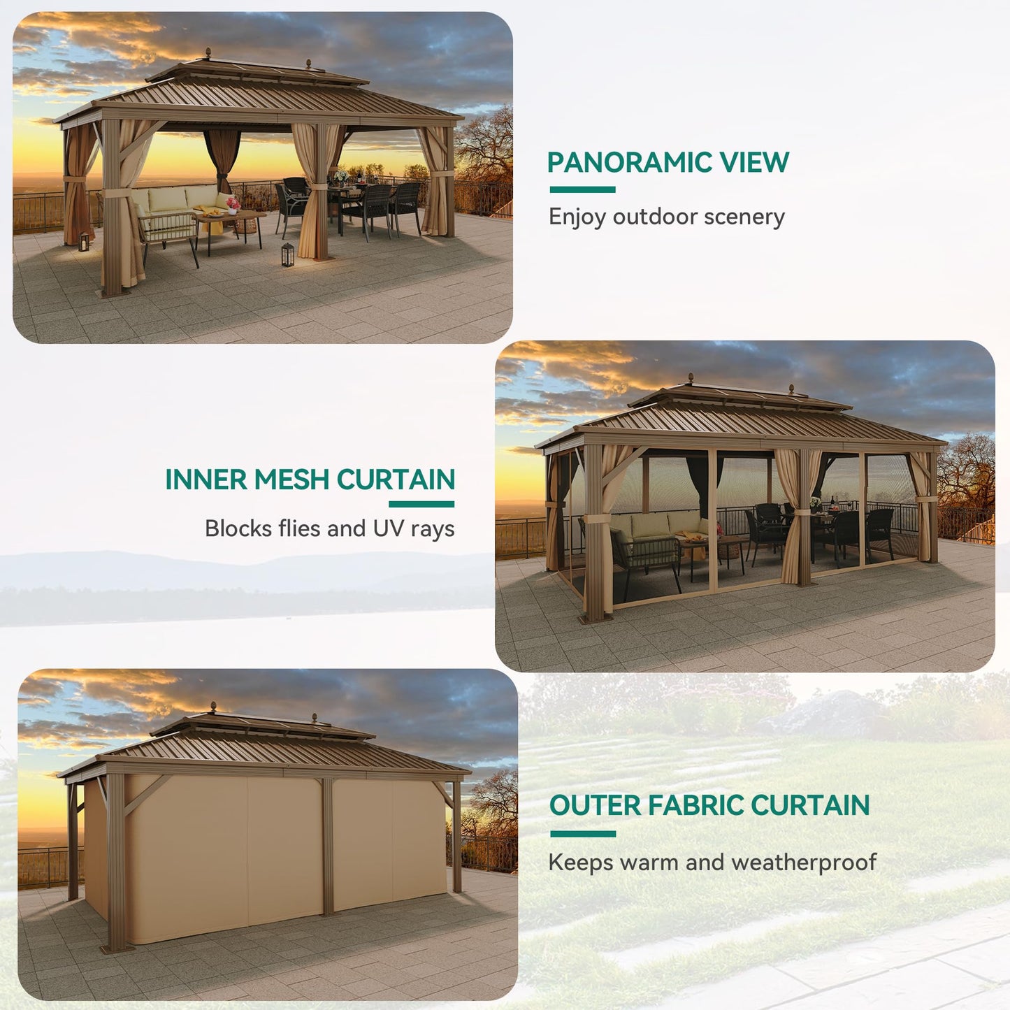 YITAHOME 12x20 ft Hardtop Gazebo with Nettings and Curtains, Outdoor Heavy Duty Aluminum Gazebo Combined of Horizontal and Vertical Stripes Roof for Patio, Backyard, Deck, Lawns and Balcony (Bronze)