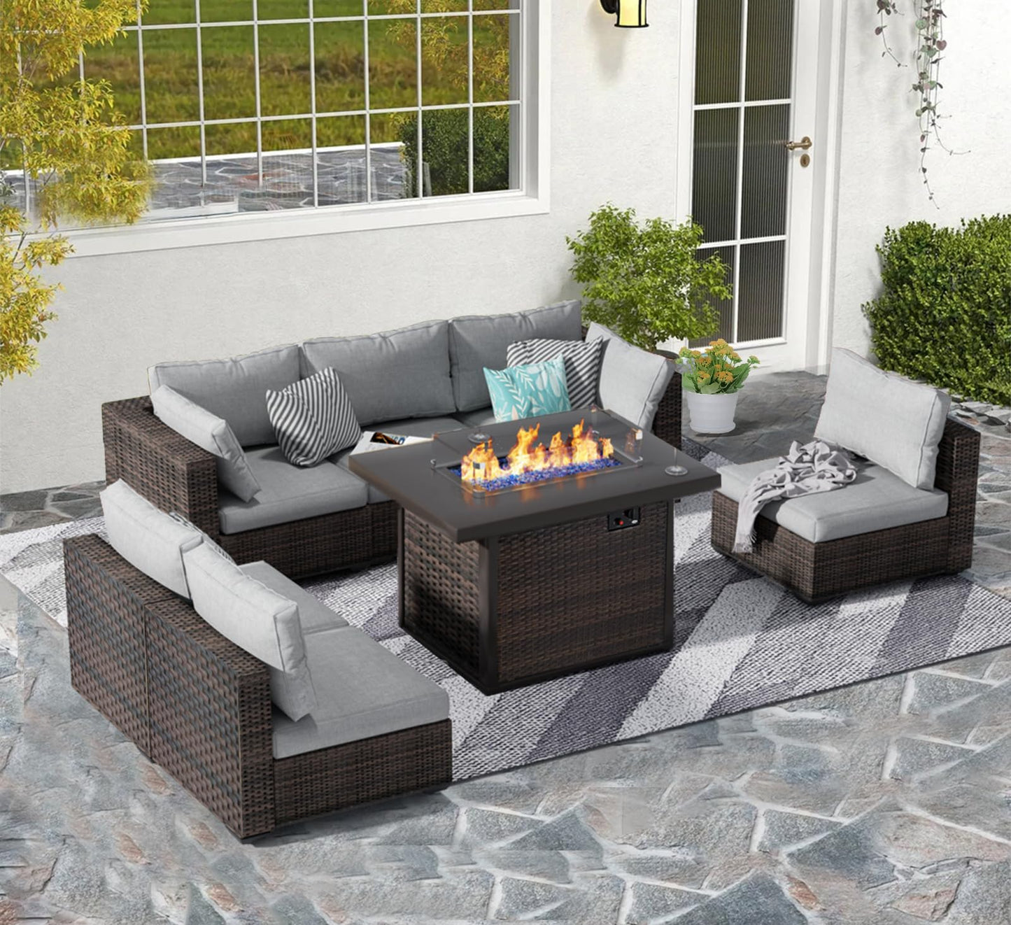 7 Piece Patio Furniture Set with Fire Pit Table, All Weather Outdoor Sectional PE Rattan, Patio Conversation Sets with Cushions and Glass Coffee Table for Garden Lawn Balcony Porch Deck, Grey