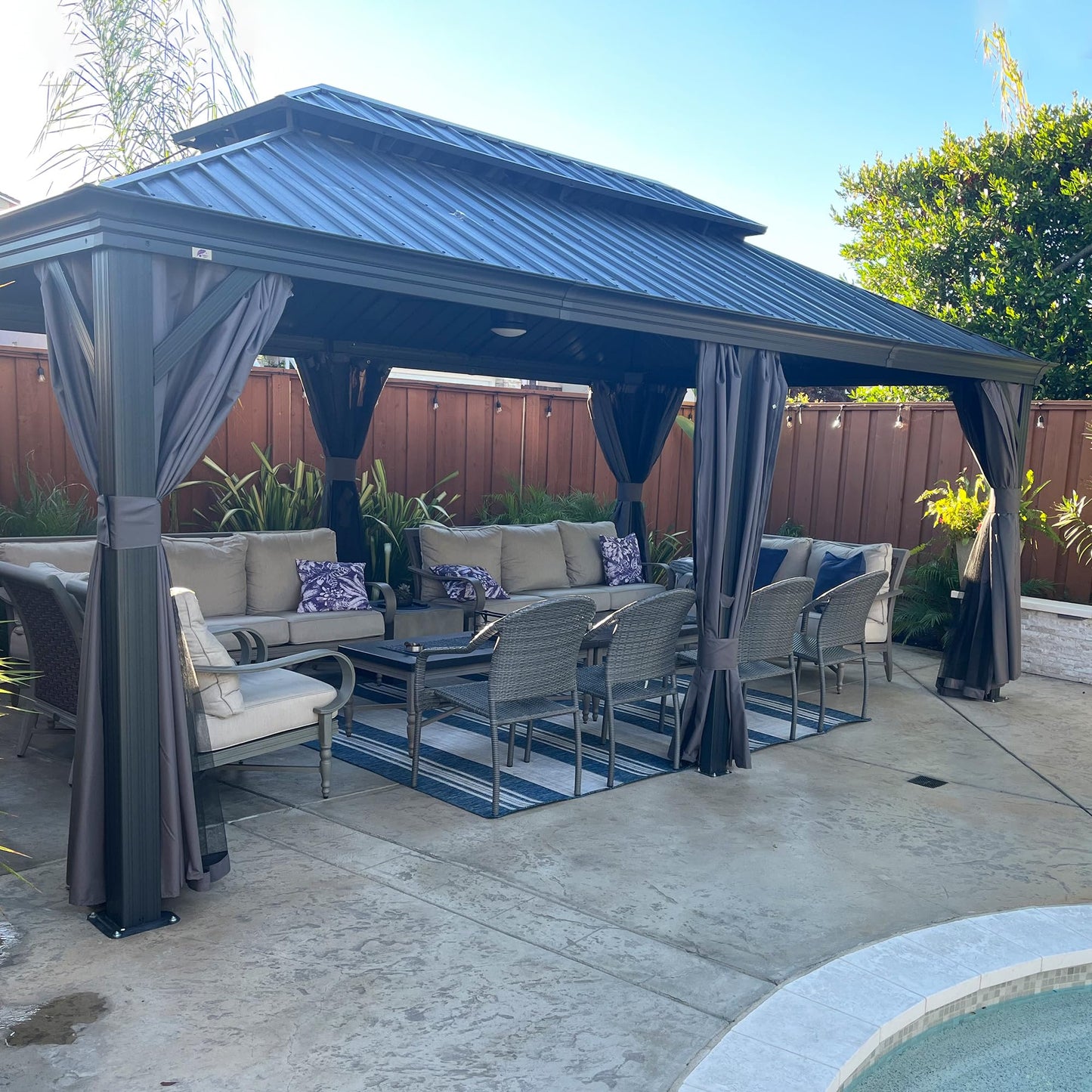 PURPLE LEAF 12' X 24' Large Gazebo with Galvanized Steel Double Roof Outdoor Patio Gazebo for Lawn and Garden Permanent Hardtop Gazebo Grey