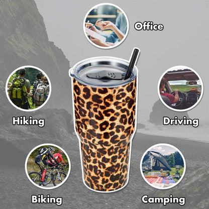 30Oz Bulk Stainless Steel Tumbler, Insulated Coffee Tumbler Cup Pack with Lid and Straw, Double Walled Travel Coffee Mug for Hot & Cold Drinks (Leopard, 4 Pack)