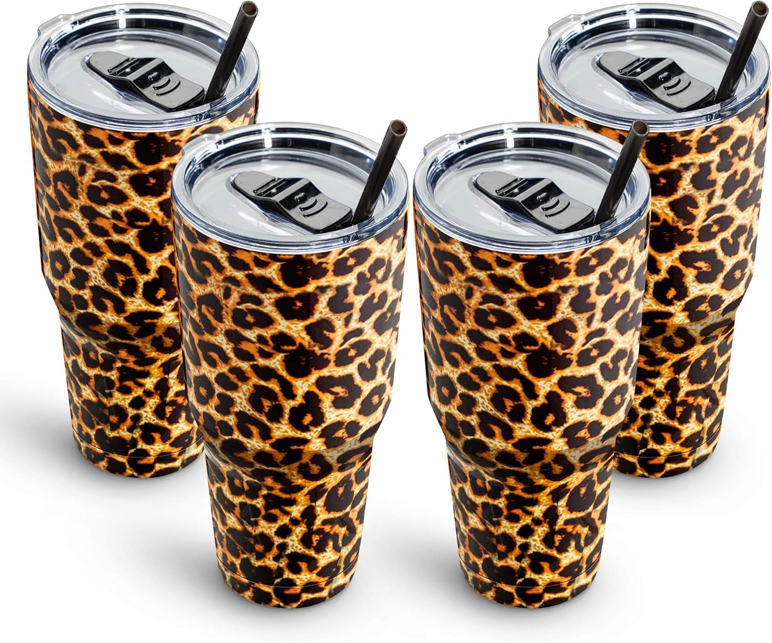 30Oz Bulk Stainless Steel Tumbler, Insulated Coffee Tumbler Cup Pack with Lid and Straw, Double Walled Travel Coffee Mug for Hot & Cold Drinks (Leopard, 4 Pack)