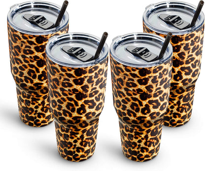 30Oz Bulk Stainless Steel Tumbler, Insulated Coffee Tumbler Cup Pack with Lid and Straw, Double Walled Travel Coffee Mug for Hot & Cold Drinks (Leopard, 4 Pack)